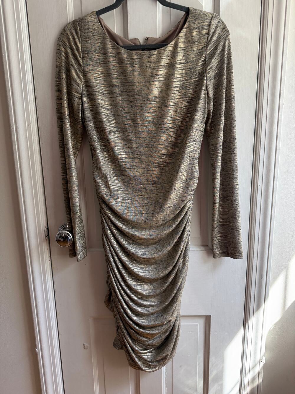 Vince Camuto Gold Metallic Ruched Long Sleeve Bodycon Dress Size 12